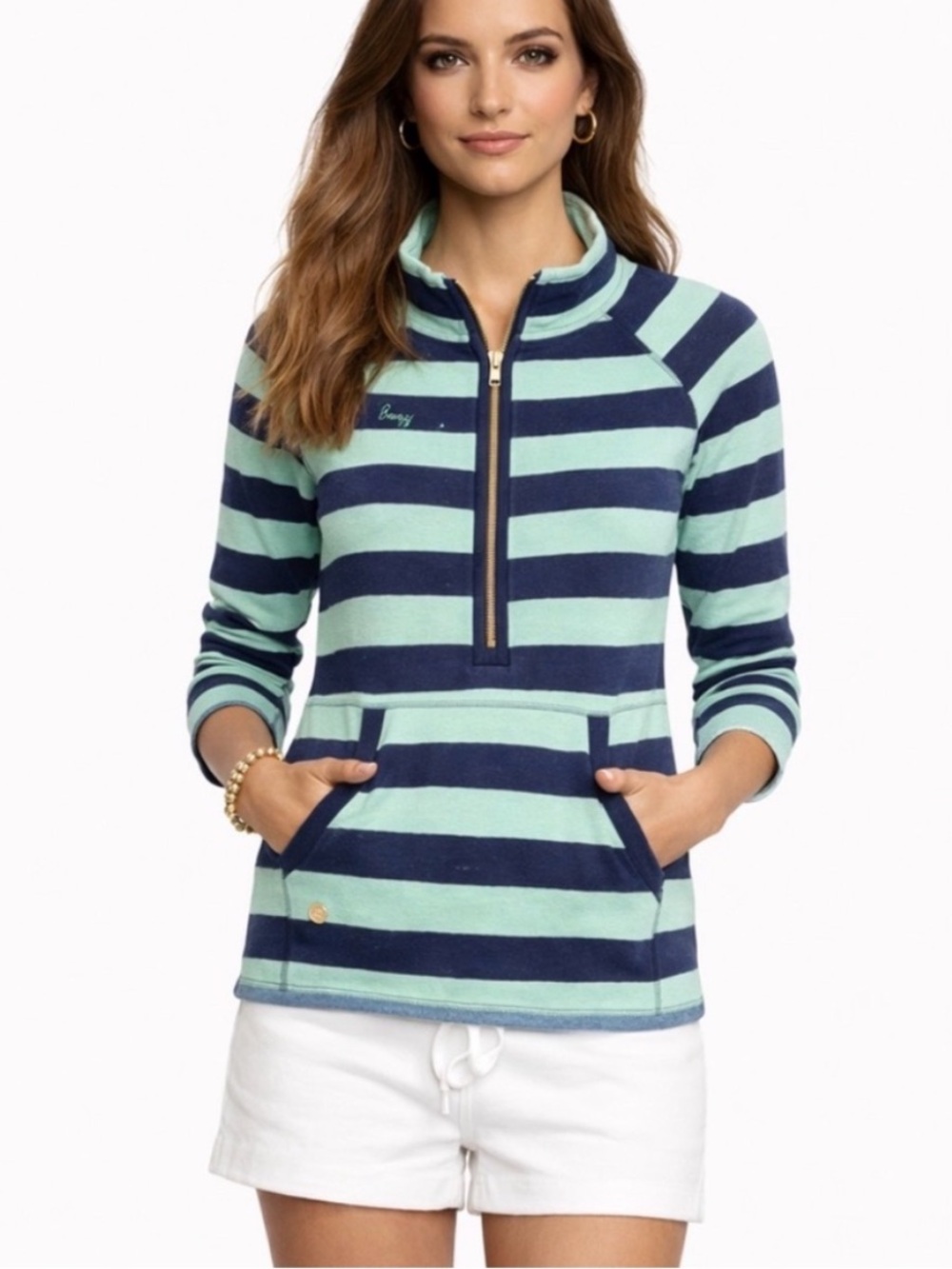 Lilly Pulitzer Skipper Popover 1/2 Zip Sweatshirt Crystal Water Take Off Stripe